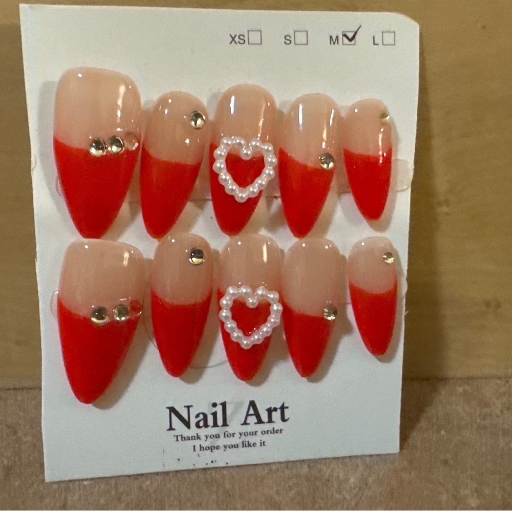 Red French Tip Almond Press On Nails with Pearl Hearts and Rhinestones Size M